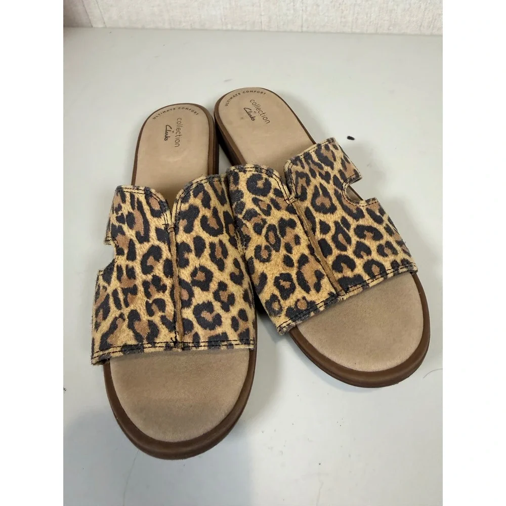Clarks Declan Flo Leopard Print Flat Slide‎ Sandal Leather 8M